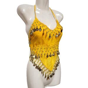 Yellow Belly Dancing Top Crocheted with Gold Beads Coins Halter Crop Top